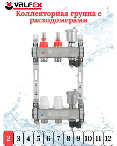 Коллекторная группа НЕРЖ со встр. расх. в сборе, 1х 2 вых. Евроконус 3/4 VALFEX (2) К, Valfex