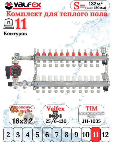 Комплект для теплого пола на 11 выходов VALFEX (Коллектор на 11 контуров, Насос циркуляционный , Евроконусы(16x2,2), Насосно-Смесительный узел) до 130 кв.м