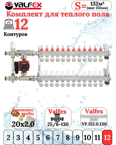 Комплект тёплого пола на 12 конутра VALFEX (Коллектор+Насос+НСУ c байпасом+Евроконусы 20х2,0)