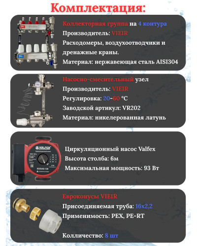 Комплект для теплого пола на 4 выхода (Коллектор VR113-04A на 4 контура, Насос циркуляционный , Евроконусы, Насосно-Смесительный узел VR202) под трубу 16мм со стенкой 2,2мм