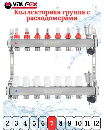 Коллекторная группа НЕРЖ со встр. расх. в сборе, 1х 7 вых. Евроконус 3/4 VALFEX (2) К, Valfex
