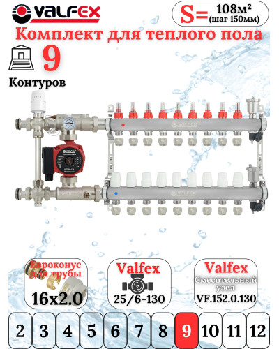Комплект тёплого пола на 9 конутра VALFEX (Коллектор+Насос+НСУ c байпасом+Евроконусы 16х2,0)