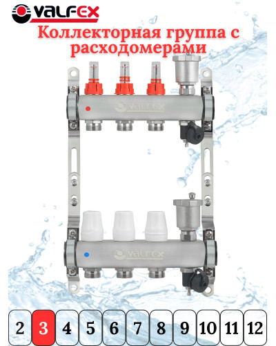 Коллекторная группа НЕРЖ со встр. расх. в сборе, 1х 3 вых. Евроконус 3/4 VALFEX (2) К, Valfex