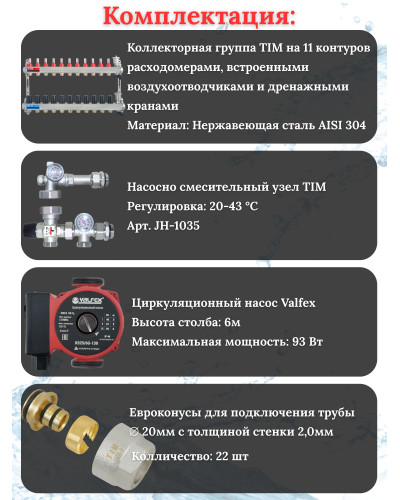 Комплект для теплого пола на 11 выходов (Коллектор на 11 контуров, Насос циркуляционный , Евроконусы 20x2,0, Насосно-Смесительный узел) до 130 кв.м
