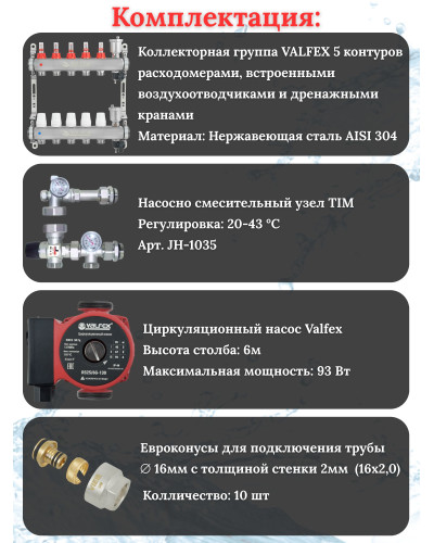 Комплект для теплого пола на 5 выходов VALFEX (Коллектор на 5 контуров, Насос циркуляционный , Евроконусы, Насосно-Смесительный узел) до 70 кв.м