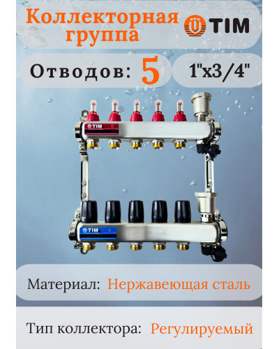 Коллекторная группа  с расходомерами  1, 5 хода, нерж,  без кранов (КВАДРАТ)(1/2), TIM