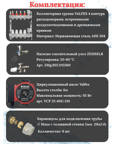 Комплект для теплого пола на 4 контура VALFEX (до 80 м.кв) под трубу 16х2,0