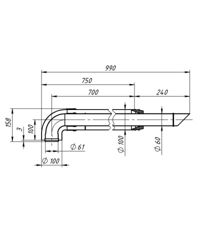 Комплект коаксиальный 60х100(Пл)-750 с хомутом, фланцем и втулкой, УТДК