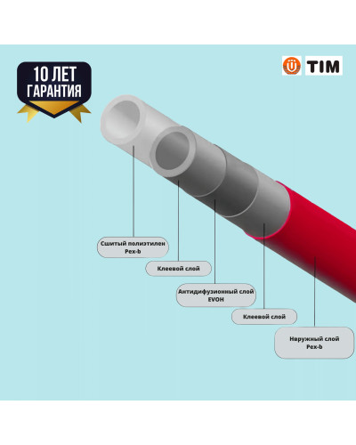 Сшитый полиэтилен PE-Xb, диаметр Ø16*2.0 （200м） красный, TIM