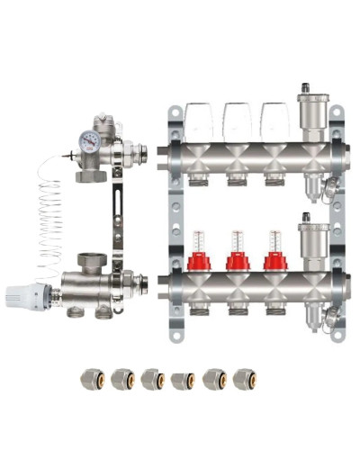 КОМПЛЕКТ для ВОДЯНОГО ТЕПЛОГО ПОЛА ДО 50 кв/м Коллектор 3 контура