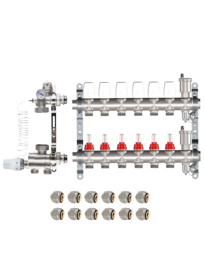 КОМПЛЕКТ для ВОДЯНОГО ТЕПЛОГО ПОЛА ДО 100 кв/м Коллектор 6 контуров